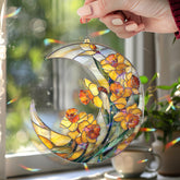 Crescent Moon Daffodil Acrylic Suncatcher, Stained Glass Style Yellow Floral Window Hanging, Spring Flower Home Decor Gift